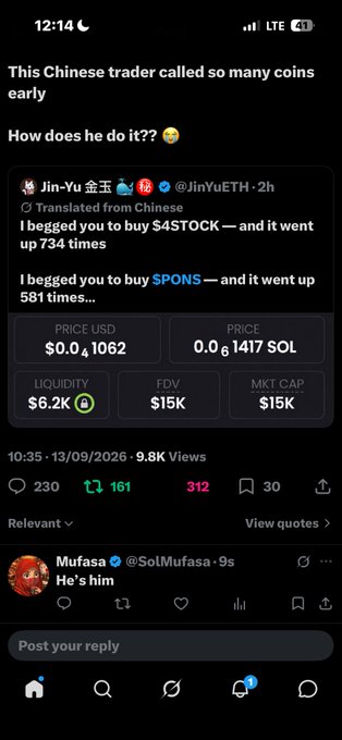 A mobile screenshot of a Twitter/X post by @JinYuETH claiming he 'begged' followers to buy $4TSTOCK (734x gain) and $PONS (581x gain), with market metrics showing $6.2K liquidity and $15K FDV.