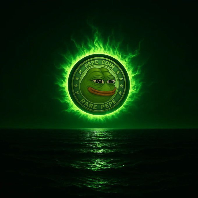 A glowing green coin labeled "PEPE COIN" and "RARE PEPE" featuring a frog face radiates a fiery green aura over a dark ocean.