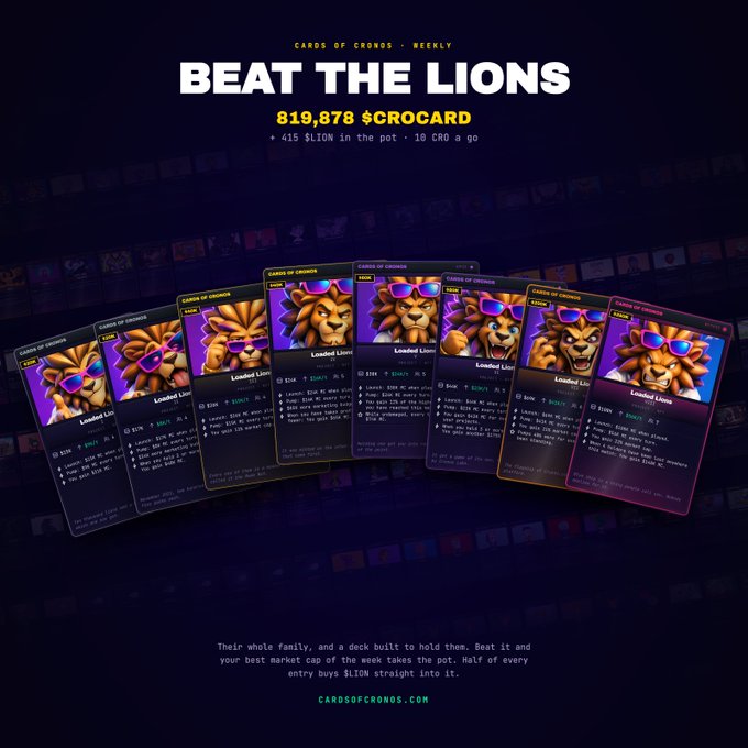 Cards of Cronos promotional image titled 'BEAT THE LIONS' featuring 819,878 $CROCARD, showing multiple 'Loaded Lion' NFT cards with lion characters wearing sunglasses.