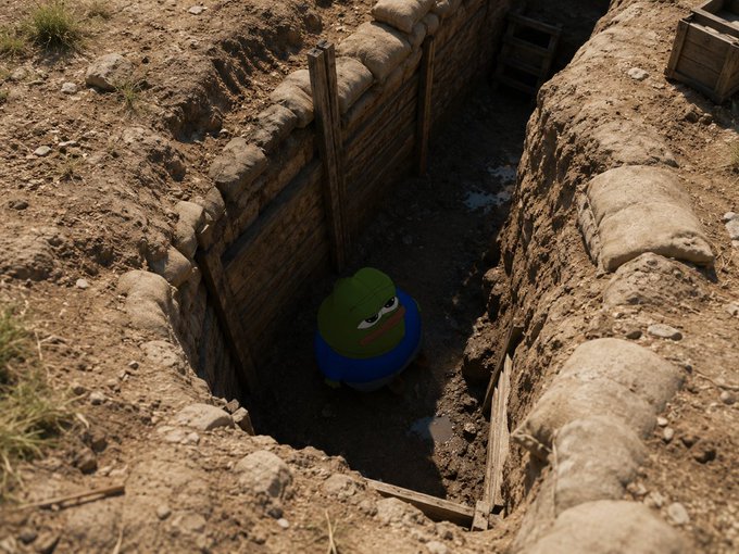 A Pepe the Frog meme figure sits in a muddy trench reinforced with sandbags and wooden planks.