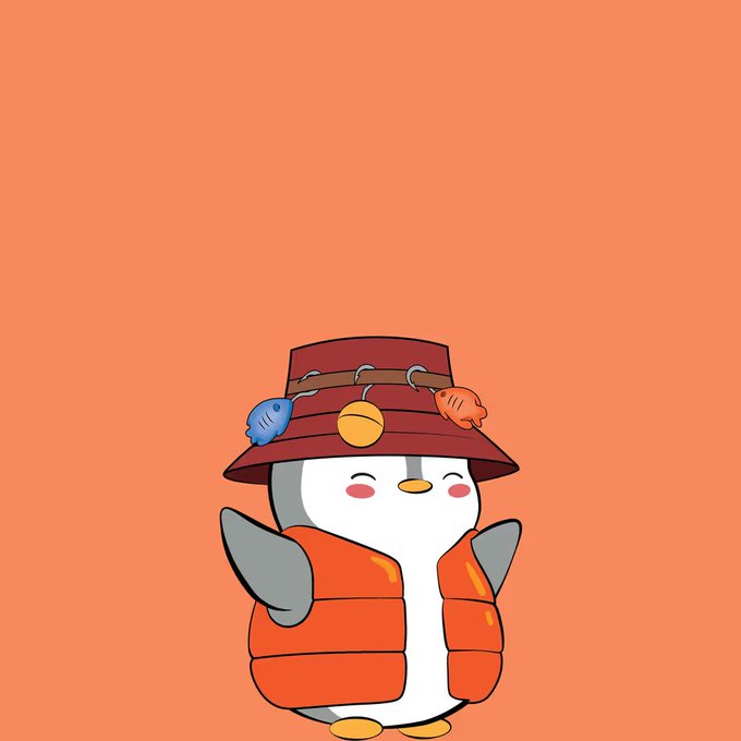 The image features a cute cartoon penguin wearing an orange life jacket, hat, and carrying a fishing rod with fish attached to it. The background is a solid orange color that contrasts with the white penguin's body. The text "I've always dreamed of joining the Pudgy ecosystem" is written above the penguin in the image.