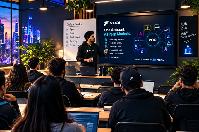 A presenter at a VOOI crypto marketing session stands before a screen displaying "One Account. All Perp Markets." listing features like 500+ Perp Markets and DEX support, with the slogan "Better Tools Bigger Opportunities."