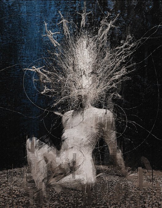 An abstract digital artwork depicts a seated figure with a head exploding into white, branch-like forms against a dark background, with the text "Good Night Friends Mind Unbound 1/1 400 $XTZ Link & Description" visible at the bottom.