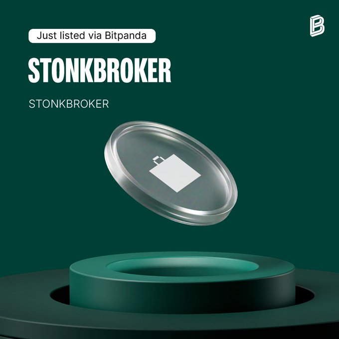 A promotional graphic announcing the listing of STONKBROKER on Bitpanda, featuring a metallic coin with a briefcase icon floating above a green circular pedestal, with text reading "Just listed via Bitpanda" and "STONKBROKER." The image aligns with the post celebrating the token's launch via Bitpanda Spotlight for VSN stakers.