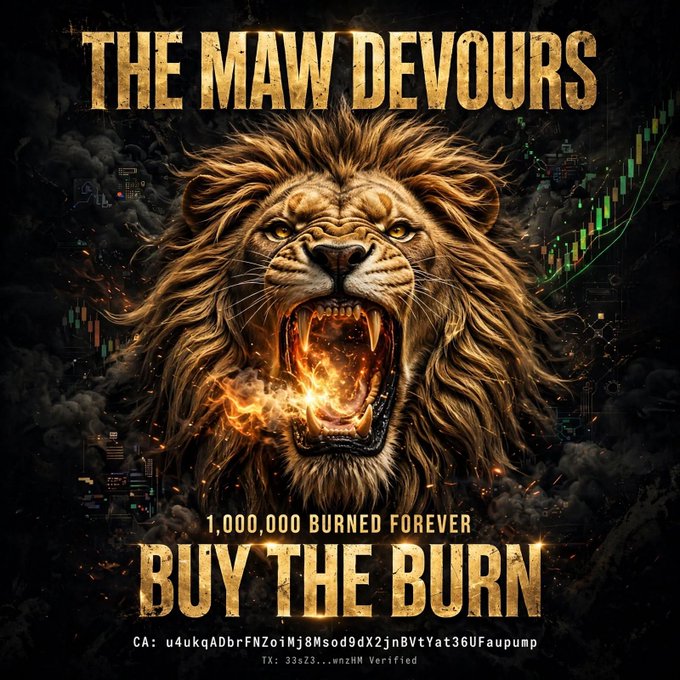 A dramatic promotional graphic titled 'THE MAW DEVOURS' featuring a roaring lion with fire in its mouth against a dark background with trading charts. It advertises '1,000,000 BURNED FOREVER - BUY THE BURN' with a contract address 'u4ukqADbrFNZoiMj8Msod9dX2jnBVtYat36UFaupump'.