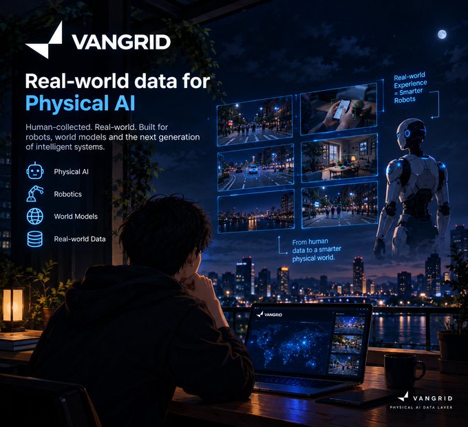 A promotional graphic for VANGRID titled 'Real-world data for Physical AI' featuring a person viewing data feeds alongside a humanoid robot, highlighting categories like Physical AI, Robotics, World Models, and Real-world Data.