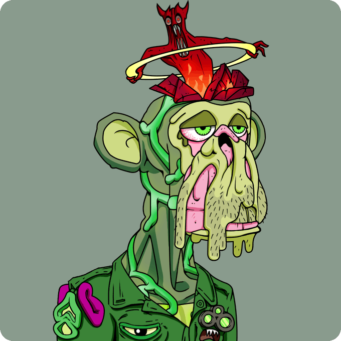 A surreal cartoon illustration of a green-skinned humanoid figure with a melting pink face and dripping facial features, wearing a military-style green jacket with medals and a small red devilish creature with a halo perched on its head.