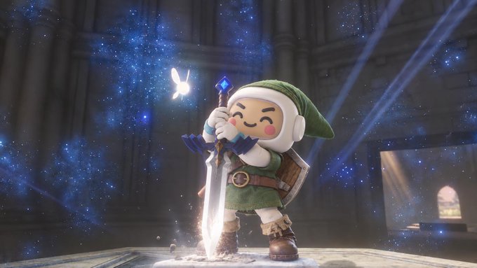 A 3D rendered character resembling a cute, smiling elf with green clothing plants a glowing blue and silver sword into the ground, accompanied by a small fairy-like creature, in a magical room with sparkles.