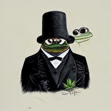 The image shows a whimsical illustration of a frog wearing a black top hat and formal tuxedo, holding a marijuana leaf, with the signature "Sapijiju" visible in the bottom right—matching the handle of the pump.fun co-founder referenced in the post who critiques Hyperliquid's perpetuals business model.