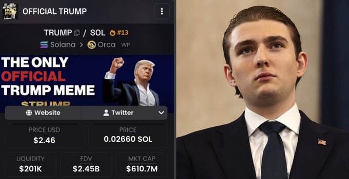 The image shows a cryptocurrency listing for the "OFFICIAL TRUMP" ($TRUMP) token on Solana, priced at $2.46 with a market cap of $610.7M, paired with a photo of Barron Trump. The visual confirms the post's claim about the official Trump meme token launch.