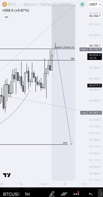 A BTC/USDT Perpetual 1H chart shows Bitcoin at $64,634.5 with a +$556.5 (+0.87%) gain, featuring technical annotations marking "Support (Classic A)" at $64,750.1 and projecting a downward trajectory toward "SNR" levels near $62,485, illustrating the anticipated short reaction from the trader's zone of interest.