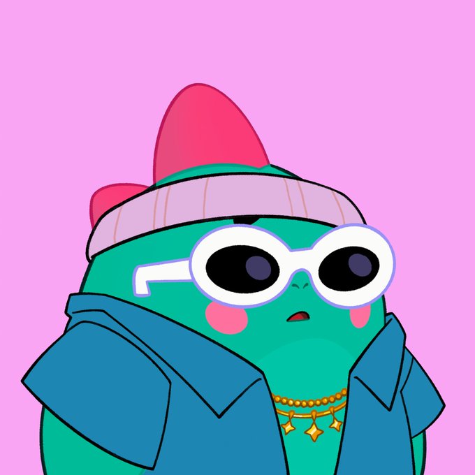 The image features a cartoon character wearing sunglasses, a blue jacket, and a necklace with gold stars. The character appears to be a frog or a green monster, depending on the interpretation of the viewer. The character's attire includes a tie, which adds an element of style to their outfit. The background color is pink, providing a vibrant contrast to the character's colorful appearance. The image also contains text that reads "most crypto games still struggle with retention because users get tired of repetitive grinding with no real connection to daily life that is why @sleepagotchi feels different to me instead of forcing artificial engagement loops it turns something as natural as sleep into a". This message suggests that the character's unique appearance and style might be perceived differently by various viewers, depending on their personal experiences or preferences.