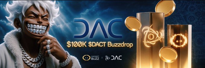 A cartoon character with white hair and diamond-encrusted grills smiles broadly next to glowing golden pillars, promoting a "$100K $DACT Buzzdrop" banner for DAC Chain, featuring its logo alongside the ChainGPT Buzz partnership branding. The image visually reinforces the post's message by showcasing the $DACT token reward campaign as part of DAC's quantum-resistant Layer 1 blockchain ecosystem.