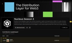 A website screenshot titled 'The Distribution Layer for Web3' featuring 'Nucleus Season 3' with blockchain statistics and an 'INSTALL' button.