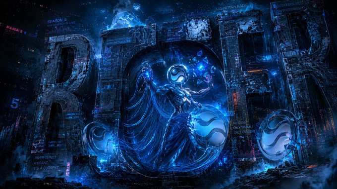 The image features a large blue block with the word "RIVER" written on it. The block has a unique design that resembles a person holding a sword or a shield, surrounded by floating balls of different colors. The background of the image is dark and filled with various elements such as buildings, neon lights, and other objects. There are also numbers present in the scene.