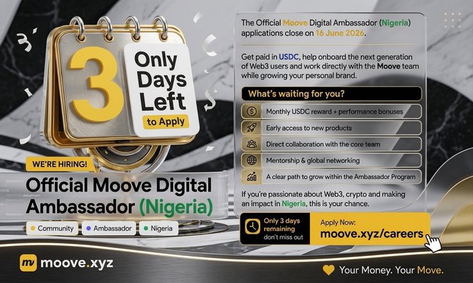 The image features an advertisement for the @moovexyz Digital Ambassador program in Nigeria, which has a black background with white text. The main focus of the advertisement is that there are only 3 days left before the application closes. It encourages people to apply by highlighting the benefits and rewards they can gain from being part of this program. The image also includes a gold-colored trophy or sign, possibly representing an award for the Digital Ambassador position in Nigeria.