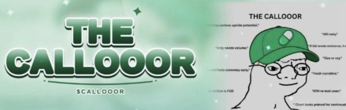 The image is a promotional banner for "THE CALLOOOR" featuring the text "$CALLOOOR" and showing the Wojak meme character wearing a green cap and glasses. The accompanying post is a question asking for recommendations on top "Calloor" traders on Pumpfun, and the image serves as branding for that crypto project.