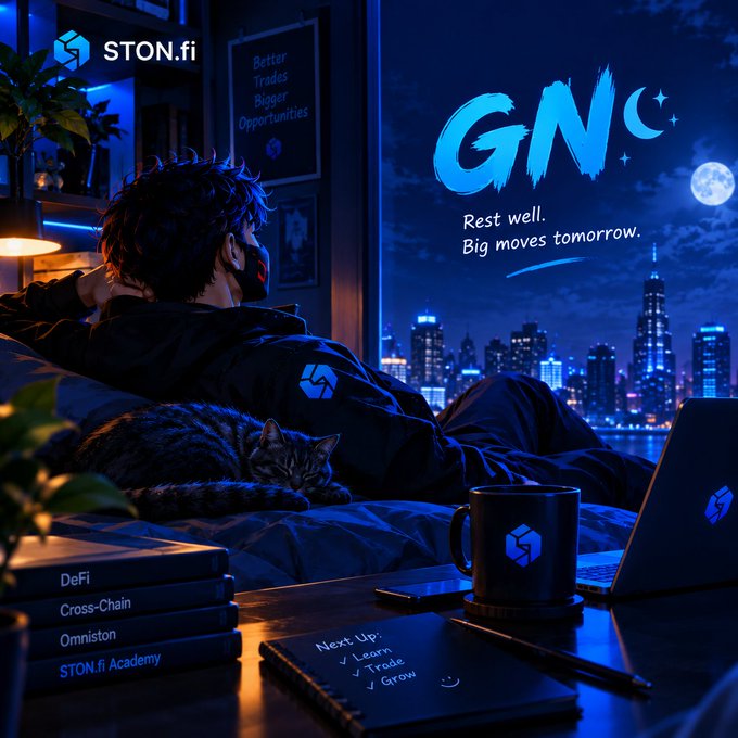 A blue-toned promotional graphic for STON.fi showing a person with a cat and laptop overlooking a city skyline at night, with "GNC – Rest well. Big moves tomorrow," a mug, and books labeled "DeFi," "Cross-Chain," "Omniston," and "STON.fi Academy."