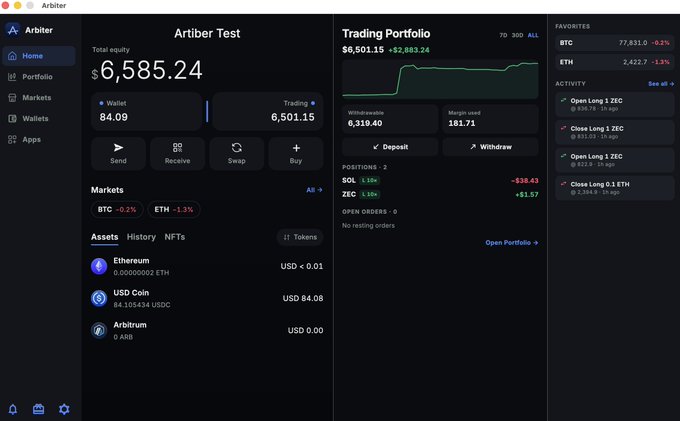 A screenshot of the Arbiter cryptocurrency trading platform displays a trading portfolio with $6,585.24 total equity, showing positions in SOL and ZEC along with BTC and ETH market data.