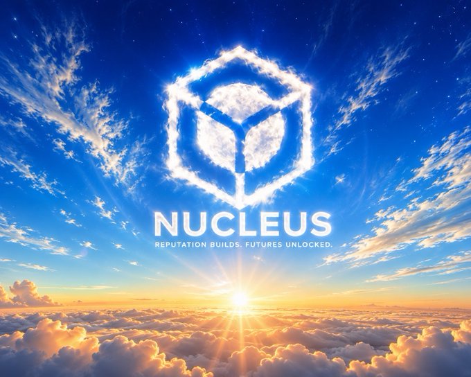 A promotional image featuring a hexagonal logo made of clouds against a blue sky with a sunset, displaying the text "NUCLEUS" and "REPUTATION BUILDS. FUTURES UNLOCKED."