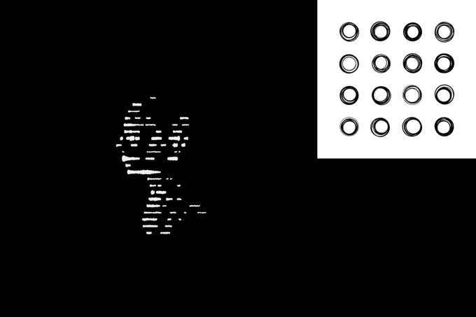 A digital display or pattern showing a pixelated white figure or character on the left and a 4x4 grid of circular dials or rings on the right against a black background.