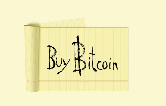 A yellow lined notepad with "Buy Bitcoin" handwritten in bold black lettering echoes the post's "Keep it simple" message by distilling the Bitcoin investment philosophy into its most basic action.