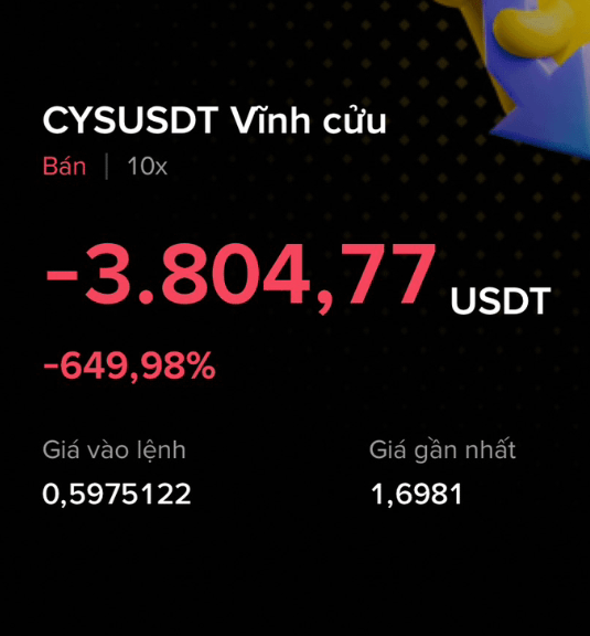A dark-themed trading results screen showing a completed 'CYSUSDT Vĩnh cửu' sell order with a massive loss of -3,804.77 USDT (-649.98%).