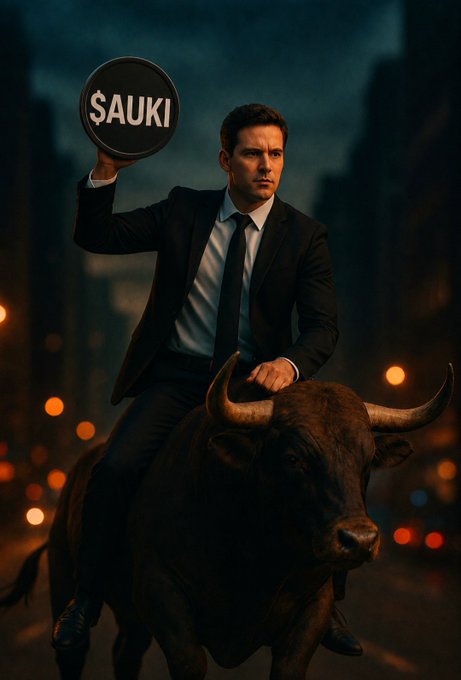 A businessman in a suit rides a bull through a city street at dusk while holding up a sign reading "$AUKI," symbolizing a bullish call on the altcoin highlighted in the post. The charging bull visually reinforces the author's confident prediction that $AUKI will perform exceptionally well in the upcoming bull cycle.