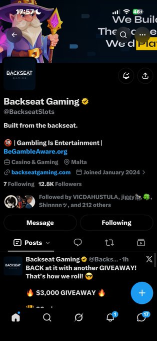 A Twitter/X profile page for 'Backseat Gaming' (@BackseatSlots) advertising a '3,000 GIVEAWAY' and mentioning BeGambleAware.org.