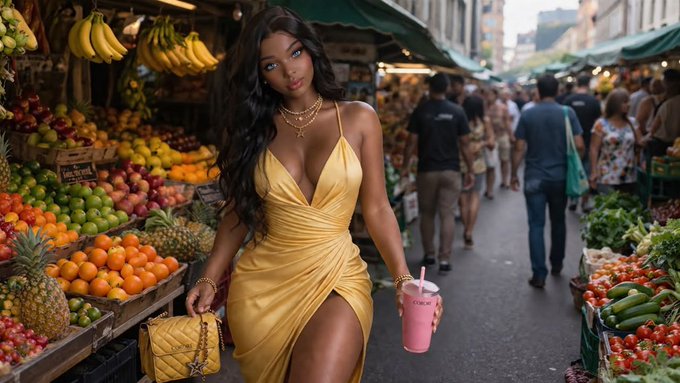 A woman in a gold dress walks through a bustling fruit market holding a pink drink and a yellow handbag, with bananas hanging overhead.