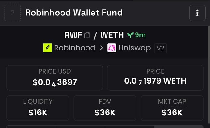 A DexScreener chart shows the Robinhood Wallet Fund (RWF) token, which has a market cap of $36K, $16K liquidity, and trades against WETH on Uniswap V2 via a Robinhood-linked wallet.