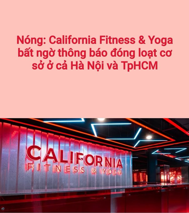 Vietnamese-language news graphic with pink headline 'Nóng: California Fitness & Yoga bất ngờ thông báo đóng loạt cơ sở ở cả Hà Nội và TpHCM' (California Fitness & Yoga suddenly announces closure of multiple branches in both Hanoi and Ho Chi Minh City), over a photo of the California Fitness & Yoga neon signage.