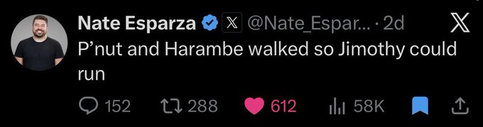 A screenshot of a tweet from Nate Esparza (@Nate_Esparza) posted 2 days ago reads, "P'nut and Harambe walked so Jimothy could run." The tweet has garnered 152 replies, 288 retweets, 612 likes, and 58K views, with the accompanying post highlighting the strong cult communities behind animal memecoins like $CASHCAT, $CATE, and $JIMOTHY.