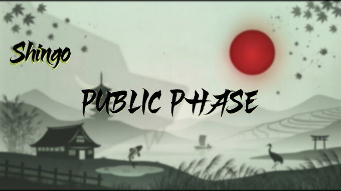 Stylized Japanese-inspired graphic featuring a red sun, pagoda, mountains, and cranes with the text "Shingo" and "PUBLIC PHASE" in a brushstroke font.