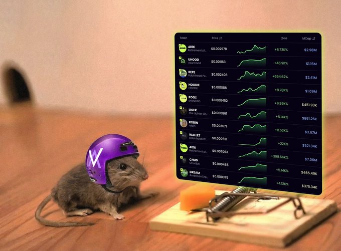 A small rodent wearing a purple football helmet sits on a wooden surface next to a cheese wedge and mousetrap, while a crypto trading dashboard displays tokens including $4RK, $WOOO, $ZPE, $MOODE, $POGU, $UGER, $ROBIN, $WALLET, $ZDK, $CHUD, and $DREAM with notable gains ranging from +22% to over 399%. The image humorously illustrates the post's theme of avoiding crypto pitfalls, with Velvet Capital (@Velvet_Capital) positioned as a streamlined trading terminal that helps users navigate cross-chain challenges more efficiently than being caught off-guard like the mouse.