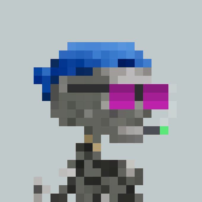 A pixel art character in profile view wearing a blue cap, similar to image 7, with pink visor details against a light background.