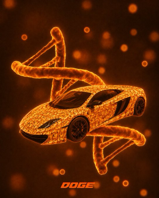 A 3D digital artwork showing a glowing, fiery orange McLaren sports car entwined with a double helix DNA structure, with the text "DOGE" below.
