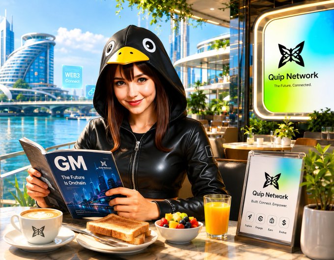 A promotional-style image showing a smiling woman in a penguin-themed hoodie reading a magazine titled "GM - The Future is Onchain," set in a futuristic café with a "Quip Network" logo and the tagline "The Future, Connected." visible on screens.