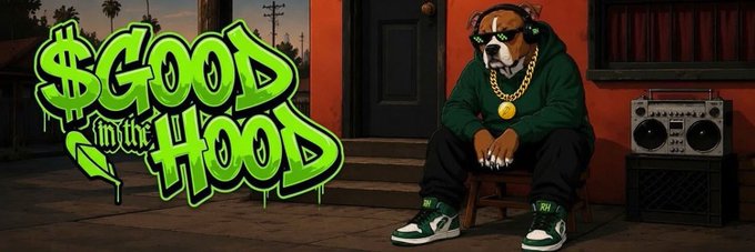 The image shows graffiti-style "$GOOD in the Hood" text alongside a cartoon pitbull wearing sunglasses, a gold chain, and green hoodie sitting next to a boombox—visually representing the meme coin's Robinhood Chain branding and "hood" community theme referenced in the post.