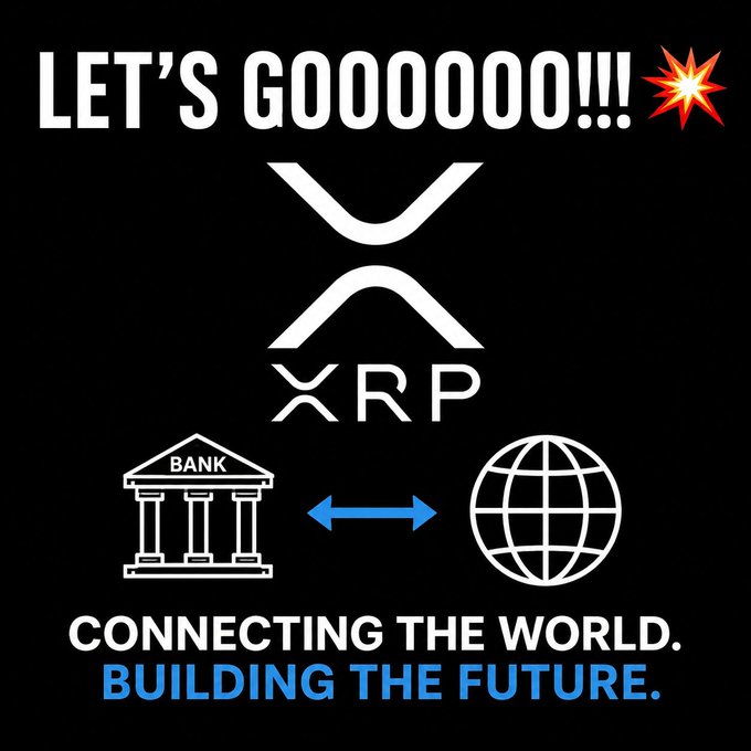 A celebratory XRP-themed graphic with the text "LET'S GOOOO!!!" above the XRP logo, featuring icons of a bank and globe connected by arrows, and the tagline "CONNECTING THE WORLD. BUILDING THE FUTURE."—visually reinforcing the post's message about XRP's potential role in transforming global cross-border payments.