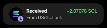 A close-up of a Solana (SOL) wallet notification screen showing 'Received +2.07078 SOL From DSRG...Lock' on a dark display.
