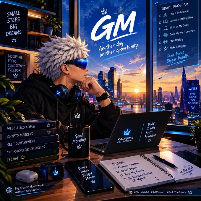 A motivational poster featuring an anime-style character with white hair and blue sunglasses working at a laptop, with 'GM' (Good Morning) text and various motivational phrases like 'Small Steps Big Dreams' and 'Web3 Build Create Earn Freedom'.