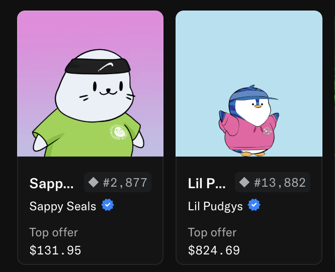 A digital marketplace interface displays two NFT profile cards: 'Sappy Seals' (#2,877) with a top offer of $131.95 and 'Lil Pudgys' (#13,882) with a top offer of $824.69.