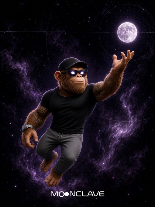 A digital illustration of a tattooed monkey wearing a cap, sunglasses, a t-shirt, and a watch, reaching for a full moon in a starry purple space setting, with the text 'MOONCLAWE' at the bottom.