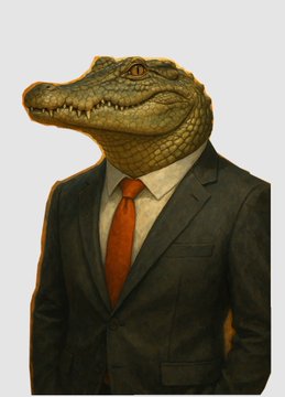 A surreal image of an anthropomorphic crocodile or alligator head wearing a dark business suit and a red tie against a plain background.