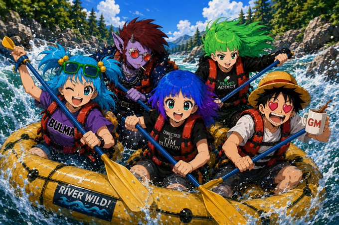 An anime-style illustration shows five characters rafting through turbulent rapids; visible text on their vests and life jackets reads 'BULMA', 'DIRECTED TIM BURTON', 'PUMP ADDICT', and 'GM', with the raft labeled 'RIVER WILD!'.
