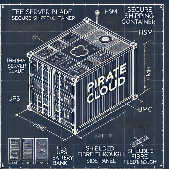 A blueprint-style technical illustration of a 'Pirate Cloud' secure shipping container, labeling components like HSM, BMC, UPS battery bank, thermal server blades, and shielded fibre feedthroughs.