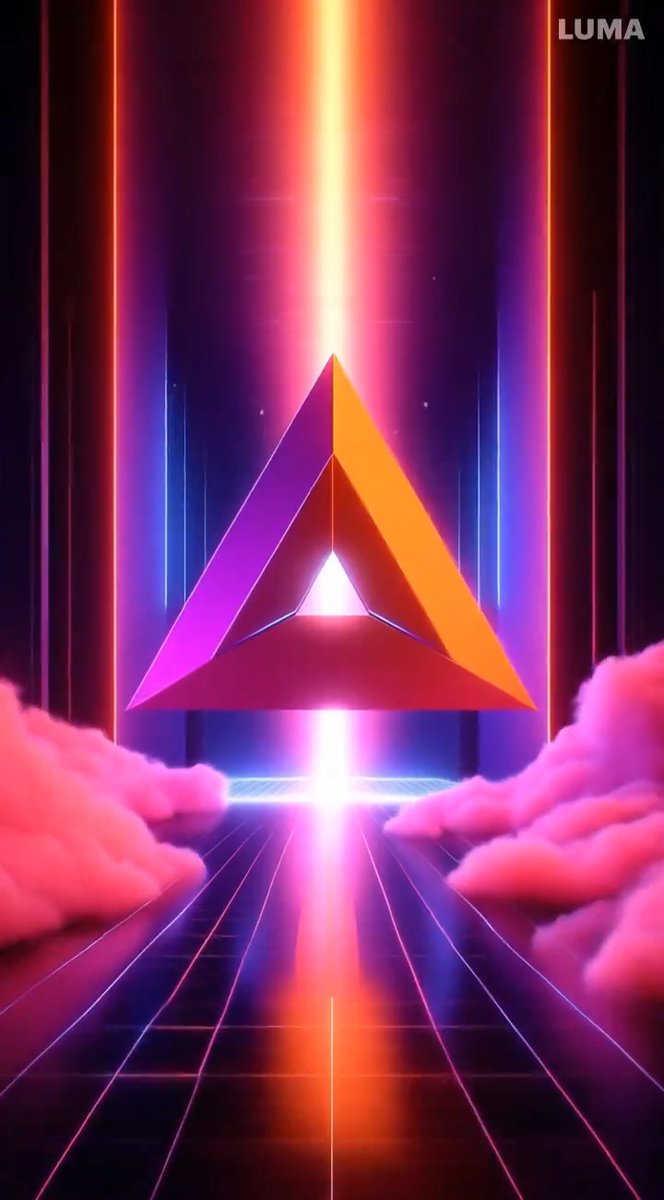 A vibrant digital artwork featuring a glowing orange/purple triangular portal or symbol with a bright light beam shooting upward, set against a retro-futuristic background with pink clouds and a neon grid floor, with 'LUMA' text in the top right corner.