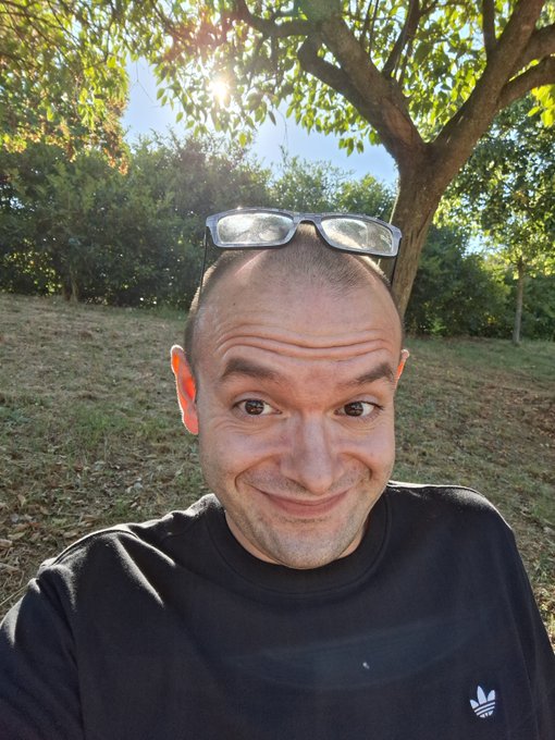 A close-up selfie of a man with a shaved head wearing a black sweatshirt, with sunglasses perched on his head, smiling with raised eyebrows outdoors under trees with sunlight filtering through.