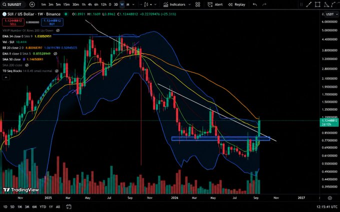 A TradingView weekly candlestick chart of SUI/US Dollar on Binance shows the cryptocurrency trading around $1.14, up over 13% with a massive green candle surging toward the downward-sloping 50-week moving average near the $1.04–$1.07 resistance zone. The chart displays technical indicators including Bollinger Bands, EMAs, and a VPVR profile, illustrating the breakout momentum described in the accompanying bullish analysis.